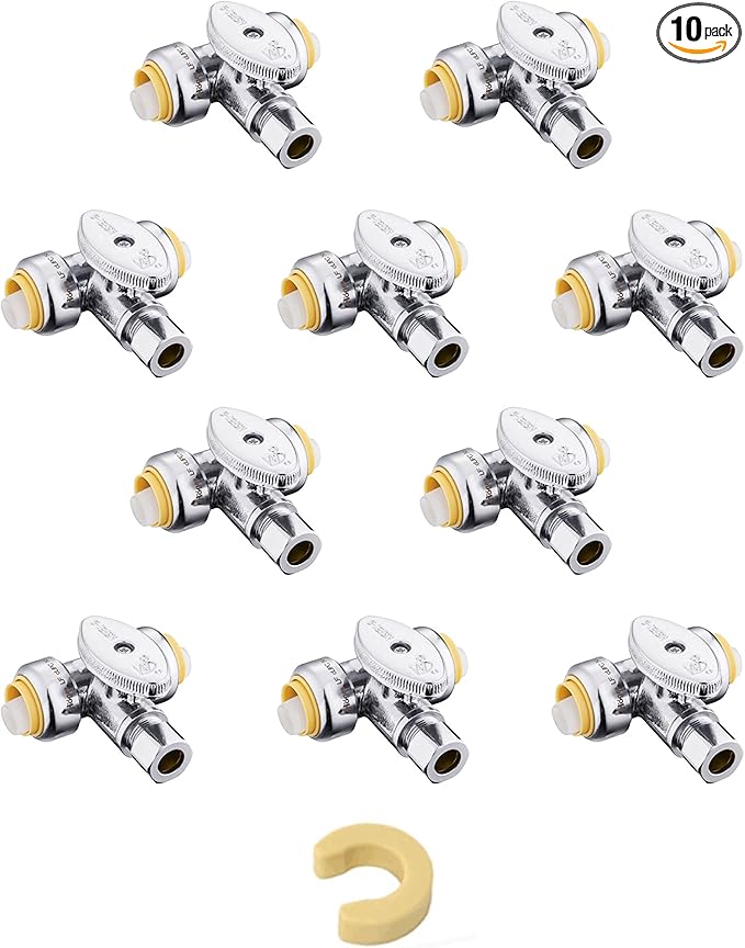EFIELD (Pack of 10) Push Fit Tee Stop Valve 1/2" x 3/8" OD Compression, 1/4 Turn, Water Shut Off Valve Chrome With Disconnect Clip,(PF-VALVE042-10PCS)