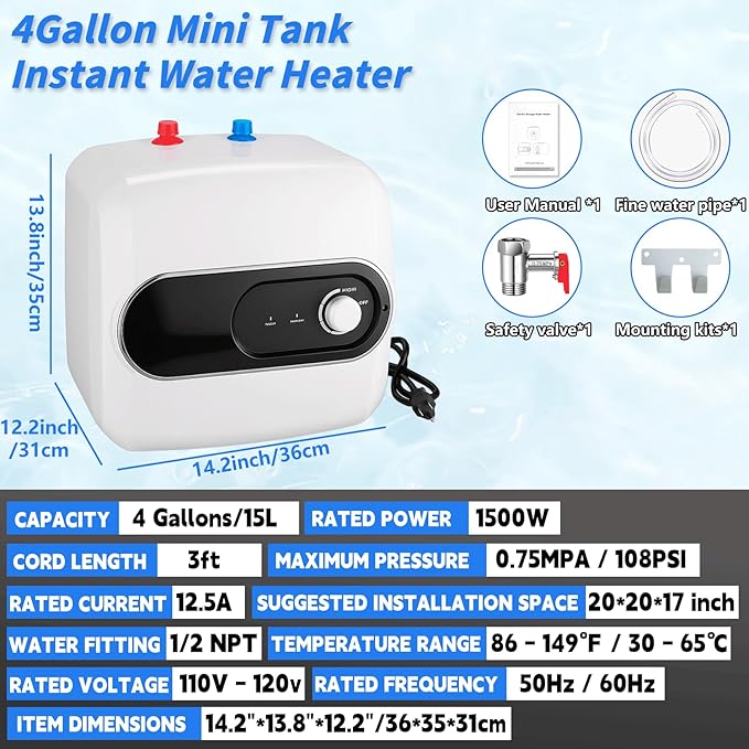 4 Gallon Mini Tank Water Heater, 110V-120V 1500W Electric Hot Water Tank with Safety Valve, 1/2" NPT, Compact Under Sink Water Heater for Bathroom, RV, Camper, Kitchen (White)