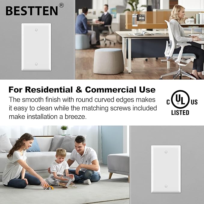BESTTEN 50 Pack 1-Gang Blank Wall Plate, UL Listed, No Device Outlet Cover, H4.53” x W2.76”, Unbreakable Polycarbonate Thermoplastic Wallplate, White