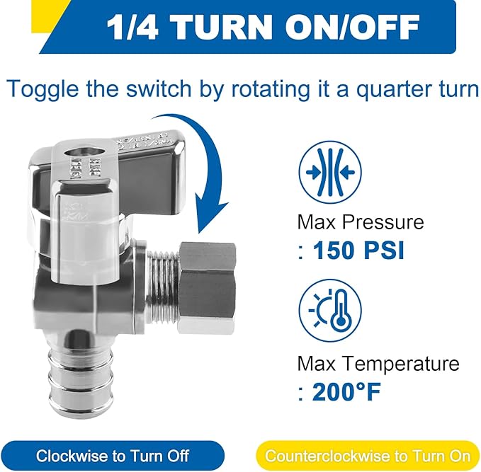 1/4 Turn Angle Stop Valve, 1/2" Crimp Pex F1807 X 3/8" OD Compression For Toilets And Faucets (Pack of 6)