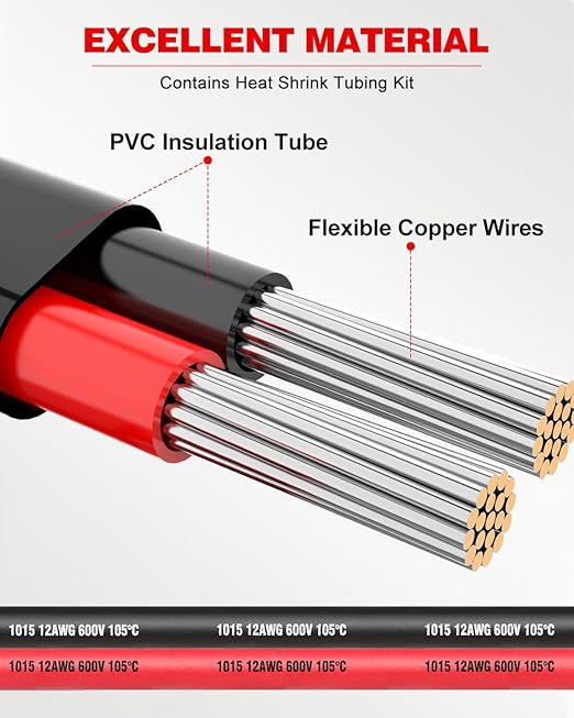 NAOEVO 12 Gauge Wire 2 Conductor Electrical Wire, 12 AWG Stranded PVC Cord, 12V Low Voltage/Tinned Copper/Flexible Cable for Automotive Wiring, Lamp Cord, Marine Cable (15FT)