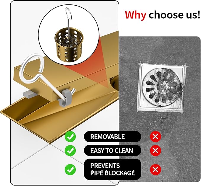 Linear Shower Drain, 304 Stainless Steel with Adjustable Leveling Feet, Hair Strainer,Reversely Install Place to Create an Invisible Floor Drain - Gold -18-Inch