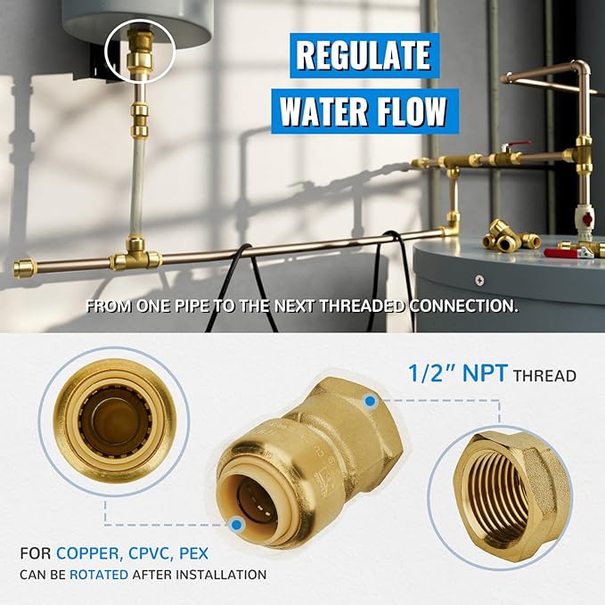 SUNGATOR 1/2 Inch Female Adapter, 1/2 Inch FNPT Adapter, No Lead Brass Push-to-Connect Female Plumbing Fittings for PEX, Copper, CPVC, with 1 Disconnect Clip, Pack of 12