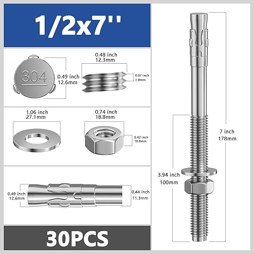 30Pcs 1/2x7 Inch Standard Fasteners for Heavy-Duty 304 Stainless Steel Wedge Anchors for Cement and Concrete
