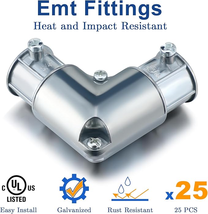 Gisafai 25 Pcs EMT Conduit Fittings Inside Corner Pull Elbow, EMT 90 Degree Metal Conduit Capped Corner Coupling, Combo Head Set Screw, Zinc Die Cast, Silver (3/4 Inch)