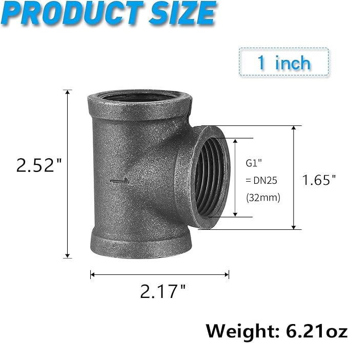 1" Pipe Fitting Tee, 20 Pack DN25 Threaded Gray Cast Malleable Iron Tee for Steampunk Vintage Shelf Bracket DIY Plumbing Pipe Decor Furniture (20, 1")