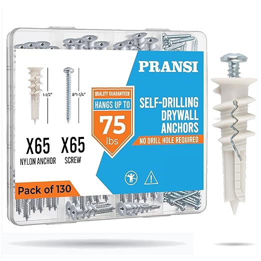 130pcs Drywall Anchors and Screws Kit – #8 x 1-1/4” Self Drilling Anchors – No Pre-Drill Required – Heavy Duty Wall Anchors for Drywall – Holds Up to 75lbs