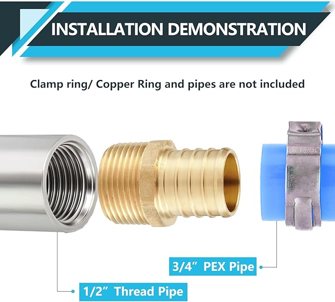 (10-Pack) PEX Fittings, Pex 3/4"x1/2" Male Threaded NPT Adapter, Brass Crimp Fittings, for PEX Tubing Pipe Plumbing, ASTM F1807(PEX1807027)
