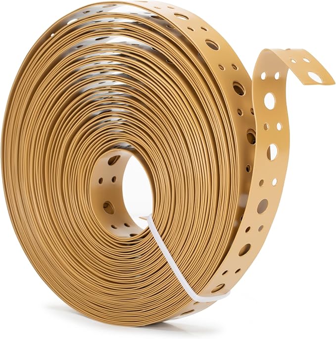 Brown Metal Strap 1-Inch x 50FT 0.6mm Thickness Galvanized Pipe Hanger Strap Metal Strapping with Holes Plumbers Strap DIY Cutting for HVAC & Pipe Support