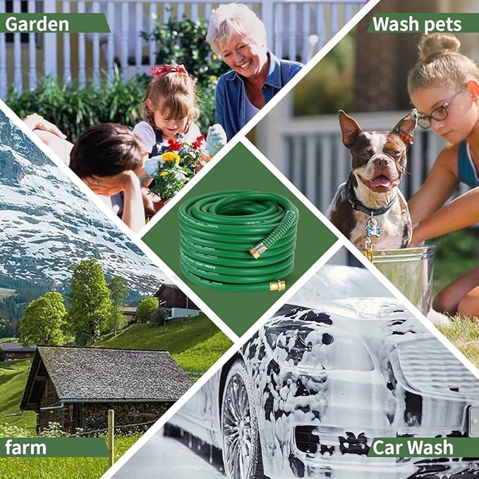75FT 5/8 Heavy Duty Rubber Garden Hose - 200psi Working, 1000psi Burst - Hot/Cold Water - Five-Layered Braiding for Durability - Versatile for Gardening, Agriculture, Construction(Green)