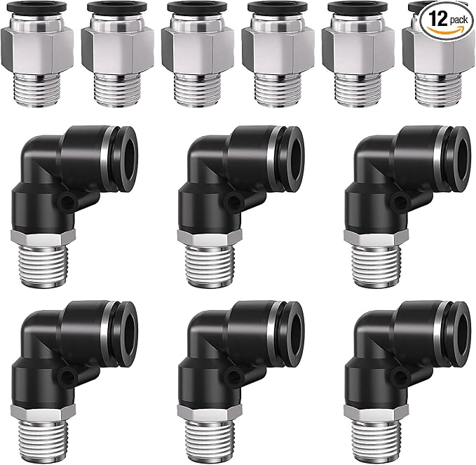1/4" Tube OD to 1/8" NPT Thread Push to Connect Fittings,Pneumatic Quick Air Hose Fittings,Male Straight + Elbow,PC+PL(12pcs)