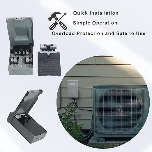 240VAC 60 Amp Non-Fused AC Disconnect Box, Outdoor Waterproof Metal Enclosure with Pull-Out Switch - for Home & Light Commercial HVAC, Condensing Units & Air Conditioning Systems - UL Listed