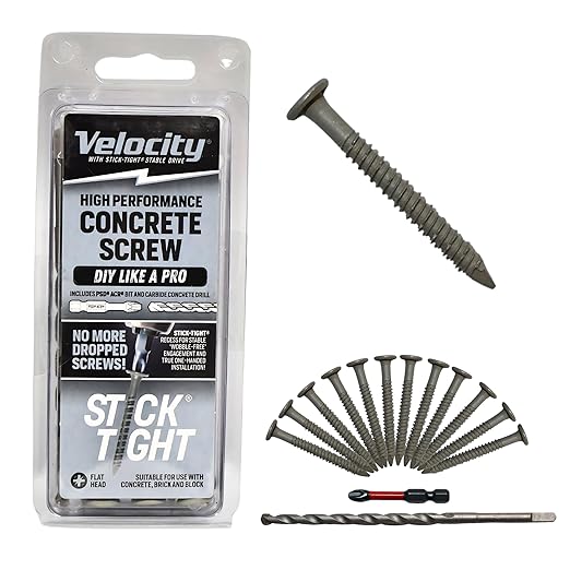 Velocity 2 1/4 Concrete Screws Set (Flat Head, 1/4") – Includes 12 Pcs High-Performance Masonry Screws, Stick Tight Technology, 1 PSD ACR Drive Bit and 1 Carbide Concrete Drill Bit Brick Screws