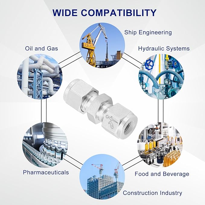 316 Stainless Steel Compression Tube Fitting 8mm OD x 8mm OD Straight Union Adapter Connector with Double Ferrules for Oil, Chemical, and Natural Gas Connections