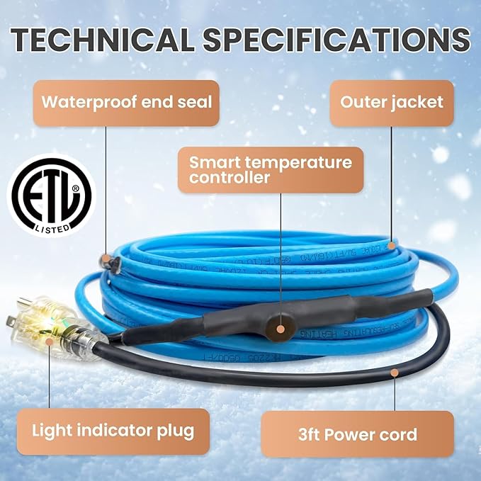 6FT Heat Tape for Water Pipes, Self-Regulating Heat Trace for Pipes with Thermostat Heating Cable for Metal Plastic Pex Pipes 120V 5W/FT