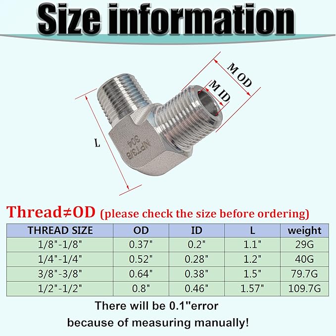 2pcs 90 Degree Street Elbow, 304 Stainless Steel Forged Barstock Street Elbow Adapter, Heavy Duty 3/8" NPT Male x 3/8" NPT Male Pipe Fitting Connector, 5800PSI (3/8" MNPT x 3/8" MNPT)
