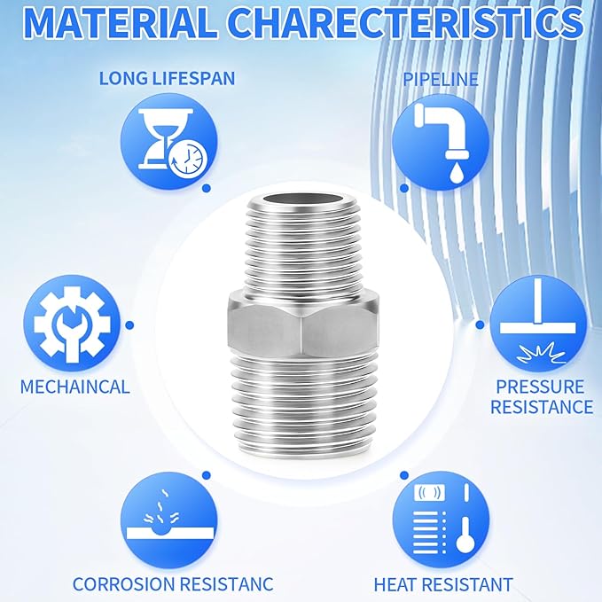 ChillWaves 304 Stainless Steel Pipe Fitting, Reducer Hex Nipple 3/8" NPT Male x 1/4" NPT Male Thread Adapter(6-PACK)