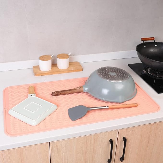 Silicone Dish Drying Mat for Multiple Usage,Easy clean,Eco-friendly,Heat-resistant Silicone Mat for Kitchen Counter or Sink,Refrigerator or Drawer Liner Pink 4XL 32 inches x 18 inches