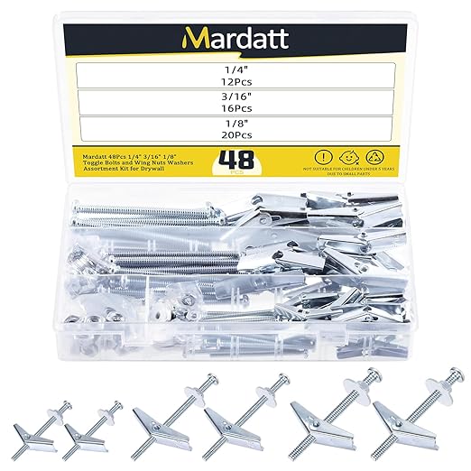 48 Sets 3 Sizes Toggle Bolts and Wing Nut Assortment Kit, 1/8" 3/16" 1/4" Metal Toggle Bolts Round Head Toggle Wing Nut Bolt Set Butterfly Toggle Anchors for Hanging Heavy Items on Drywall