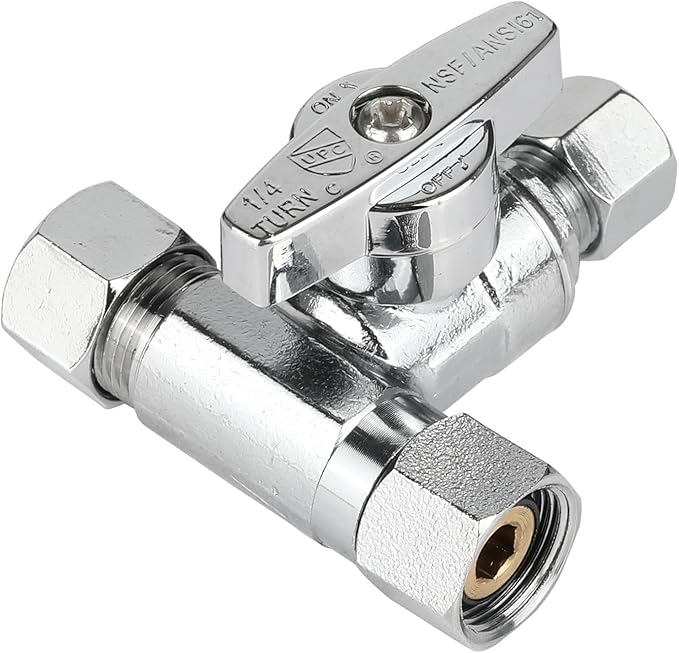 (Pack of 2) EFIELD 1/4-Turn Stop Tee Compression Stop Valve, 3/8" OD x 3/8" Com OD, Chrome Plated Brass, UPC Certified,(VALVE465)