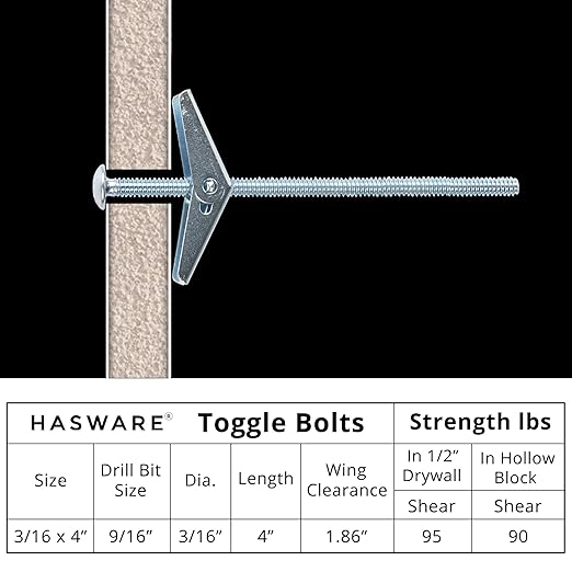 HASWARE Toggle Bolt Zinc Plated Steel and Wing Nut for Hanging Heavy Items on Drywall 3/16x4 (12 Pack)