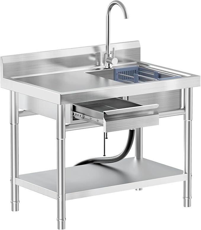 Stainless Steel Utility Sink Freestanding Single Bowl Laundry Sink with Hot and Cold Water Plumbing Workbench Drawers for Laundry Room Farmhouse Indoor and Outdoor Sink