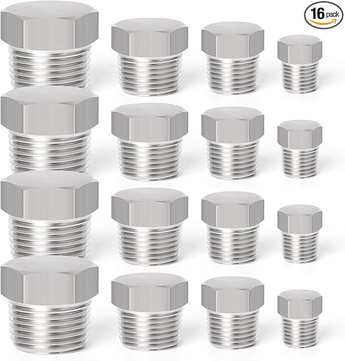 TAISHER 16PCS Stainless Steel Outer Hex Thread Socket Pipe Plug Fitting 1/8" 1/4" 3/8" 1/2" NPT Male