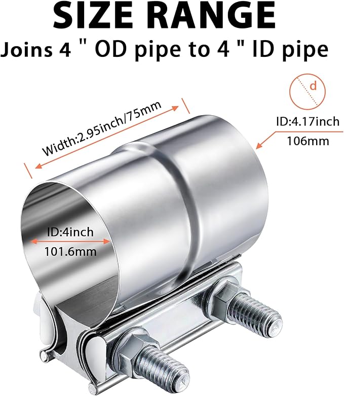 2 Pack 4 Inch Lap Joint Exhaust Clamp, 304 Stainless Steel Muffler Clamp, Pipe Clamps Sleeve Coupler for Pipes, Mufflers and Catalytic Converters