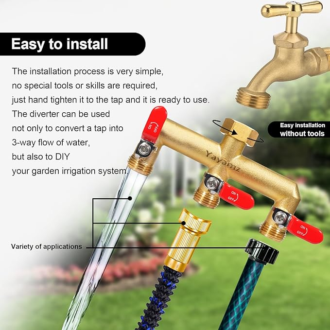 Garden Hose Splitter, 3/4” Rust and Freeze Resistant Outdoor Hose Manifold with 3 Red Extra Long Handles Faucet Adapter-Heavy Duty Brass 3-Way Valve