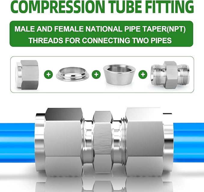 TAISHER 5PCS 304 Stainless Steel Compression Tube Pipe Fitting Connector, 1/4" Tube OD x 1/4" Tube OD Straight Adapter