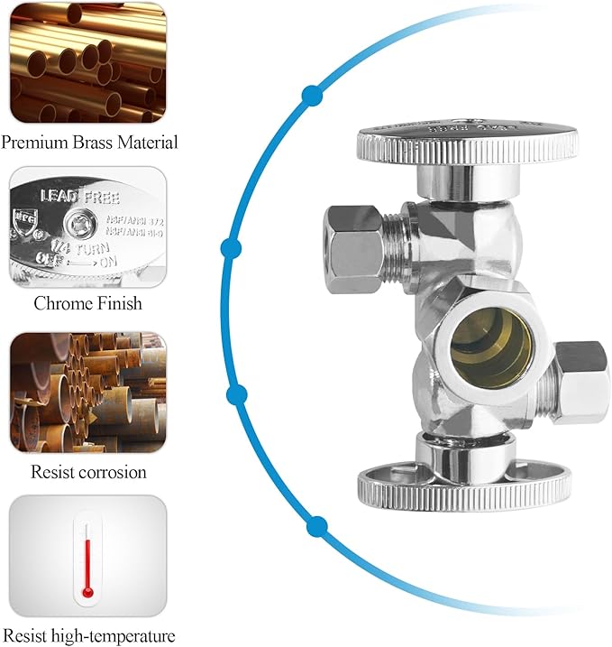 WiseWater Dual Water Shut Off Valve 5/8" OD Comp x 3/8" OD Comp x 3/8" OD Comp, 1/4 Turn Double Angle Stop Valve for Refrigerator, Ice Maker, Coffee Brewers, Water Filters (2 Pack)