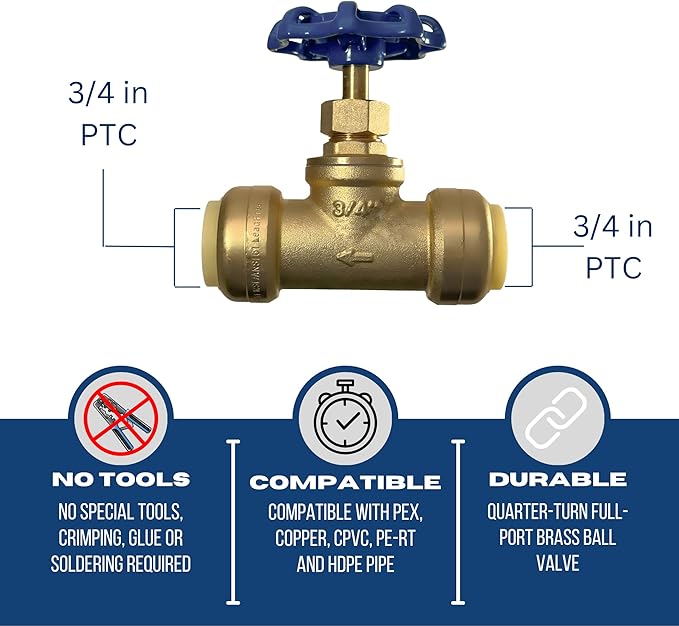 XFITTING 3/4 inch Push Fit Stop Valve with Drain and Vent, Push to Connect Brass Plumbing Fitting, Pex Pipe, Copper, CPVC, PE-RT, HDPE, 2-5-2=10, 10 Pieces