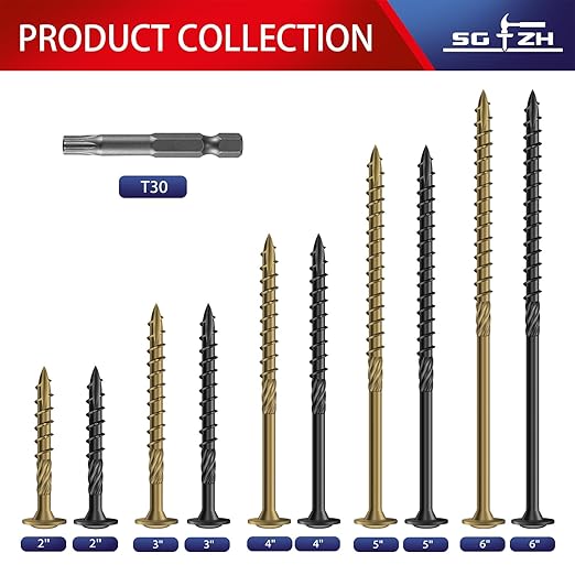 #14 x 2 Inch Lag Screws (620Pcs) 10lb. Structural Wood Screw, Black, Carbon Steel, Washer Head, Rust Resistant epoxy Coated, T30 Torx Bit