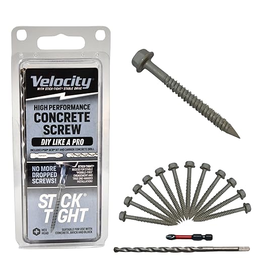 Velocity 2 1/4 Concrete Screws Set (Hex Head, 1/4") – Includes 12 High-Performance Masonry Screws PCS, Stick Tight Technology, 1 PSD ACR Drive Bit and 1 Carbide Concrete Drill Bit