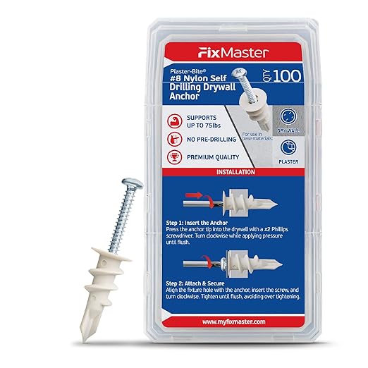 Nylon Self-Drilling Drywall Anchors w/Screws (100 Anchors & 100 Screws) – Premium Nylon 66 Hollow Wall Anchors for 3/8"-5/8" Drywall – Shock-Resistant Hold, Easy Install - 75lb Holding Strength