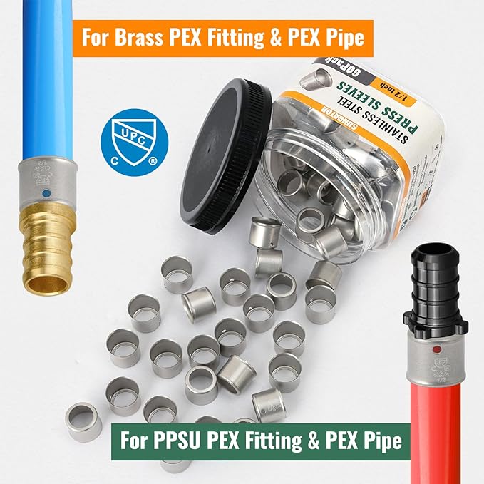 120 Pack 1/2" Pex Stainless Steel Press Sleeves, SUNGATOR 1/2'' Press Sleeves for 1/2 Inch Pex Pipe, Brass or Poly PPSU Pex Fittings