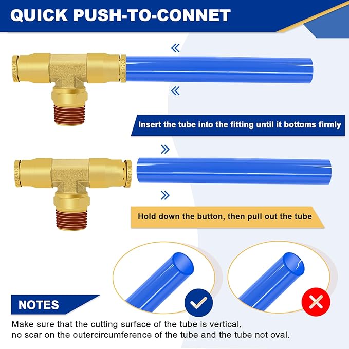 3/8" DOT Air Line Fittings Tee, 3PCS Brass Air Brake Fittings 3/8" Tube OD × 1/4" NPT × 3/8" Tube OD Push to Connect Tee Union to Male Pipe Swivel for Truck Trailers Air Brake System