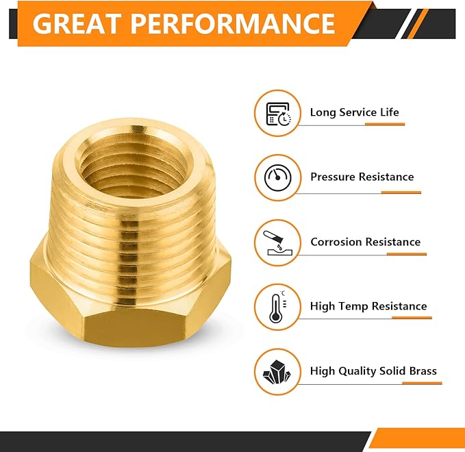 50-PCs HeSun Brass Thread Pipe Fitting, 1/2" NPT Male x 1/4" NPT Female Reducer Hex Bushing Adapter(NPT029-50)
