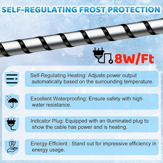 Kingdder 6FT - 48FT Heat Tape for Water Pipes Thermostat Self Regulating Heating Cable with Power Indicator Plug Built-in, Heavy Duty Heating Cable for Pipe Freeze Protection, 120V 8W/ft(1 Pcs,42 Ft)