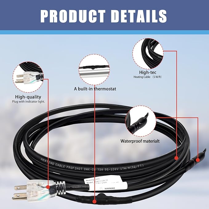 6FT Self-Regulating Pipe Heating Cable with Thermostat,Heat Tape for Water Pipe Freeze Protection,Pipe Heating Trace System for Home Supply Pipes,120V 5W/FT