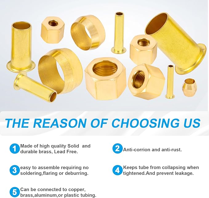 1/4 Inch OD Brass Compression Insert,Sleeve Ferrule,Nut 75PCS