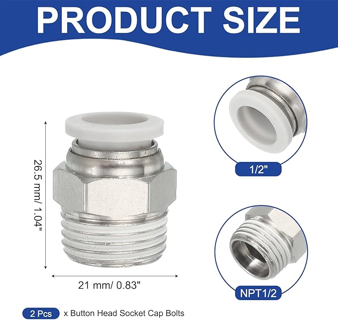 MECCANIXITY 2 Pcs NPT Push to Connect Air Fittings, Male Straight 1/2" Tube OD x 1/2" NPT Thread Air Quick Connector Coupling Adapter for Gas Hose Pneumatic Tools, White