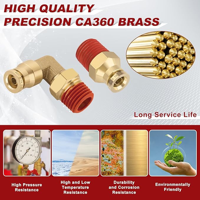 1/4” Quick Push to Connect Fittings Brass Male Straight and Elbow Combination DOT Approved 1/4" Tube OD x 1/4" NPT Thread Air Brake Line Adapter Air Suspension Kit Air Hose Repair Kit 30pcs