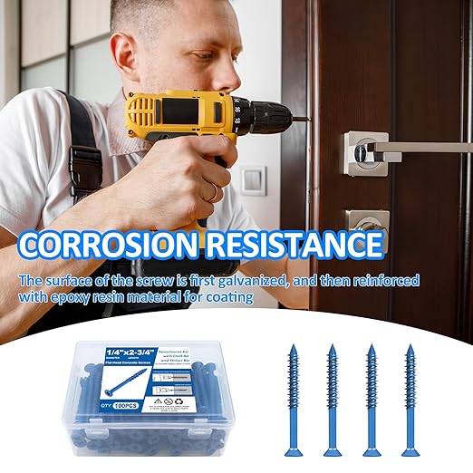 100PCS Concrete Screws Assortment Kit, 1/4" x 2-3/4" Masonry Screws with Drill Bit and Driver Bit, Flat Head Cement Screws and Anchor, Diamond Point, Self Tapping Concrete Brick or Stucco, Blue Coated