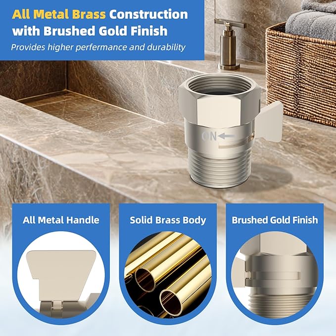 Hibbent All Metal 1 Pack Shower Head Flow Control Valve, G1/2 Brass Shut-off Valve with Metal Handle Lever, Shut OFF Water Flow Control Regulator for Handheld Shower, or Bidet Sprayer, Brushed Nickel