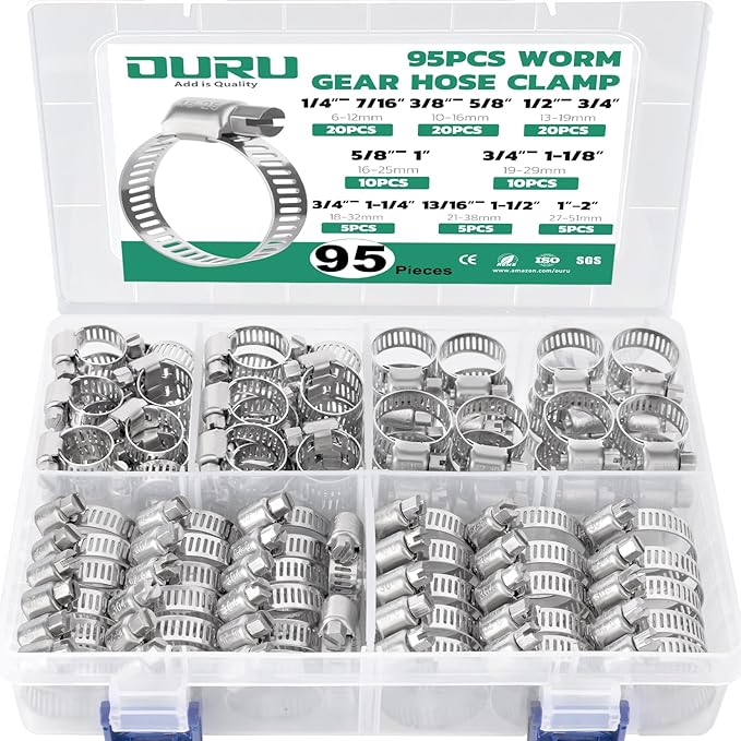 95PCS Hose Clamps Stainless Steel Assortment Adjustable 1/4"-2"(6-51mm) Worm Gear Hose Clamp, Heavy Duty Metal Small Hose Clamps for Automotive, Pipe, Radiator Plumbing, Fuel Line