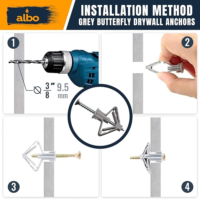 ALBO Drywall Anchor Kit Hollow Wall with Screws 100 pcs. (Grey Anchor 50pcs + Screws 50pcs) Plastic Hollow Wall Drilling Anchors