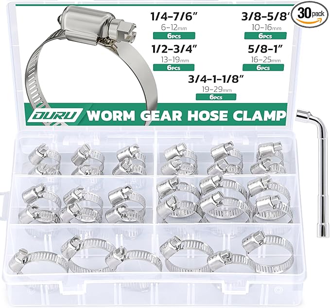 30PCS Hose Clamps Stainless Steel Assortment Adjustable 1/4"-1-1/8"(6-29mm) Worm Gear Hose Clamp, Heavy Duty Metal Small Hose Clamps for Automotive, Pipe, Radiator Plumbing, Fuel Line