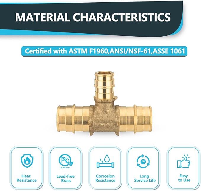 (5-Pack) Seelink PEX-A Expansion Fittings, 1" x 1" x 3/4" PEX-A Tee, Brass Expansion Pipe Fittings, for PEX Tubing Pipe Hose Fittings, ASTM F1960