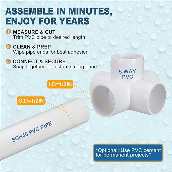 10 Pack 1/2" SCH40 PVC Elbow Pipe Fitting, 5-Way PVC Elbow Corner Side Outlet Cross Fitting, Furniture Grade Pipe Connectors for DIY Project, Pond Protection, Socket x Socket